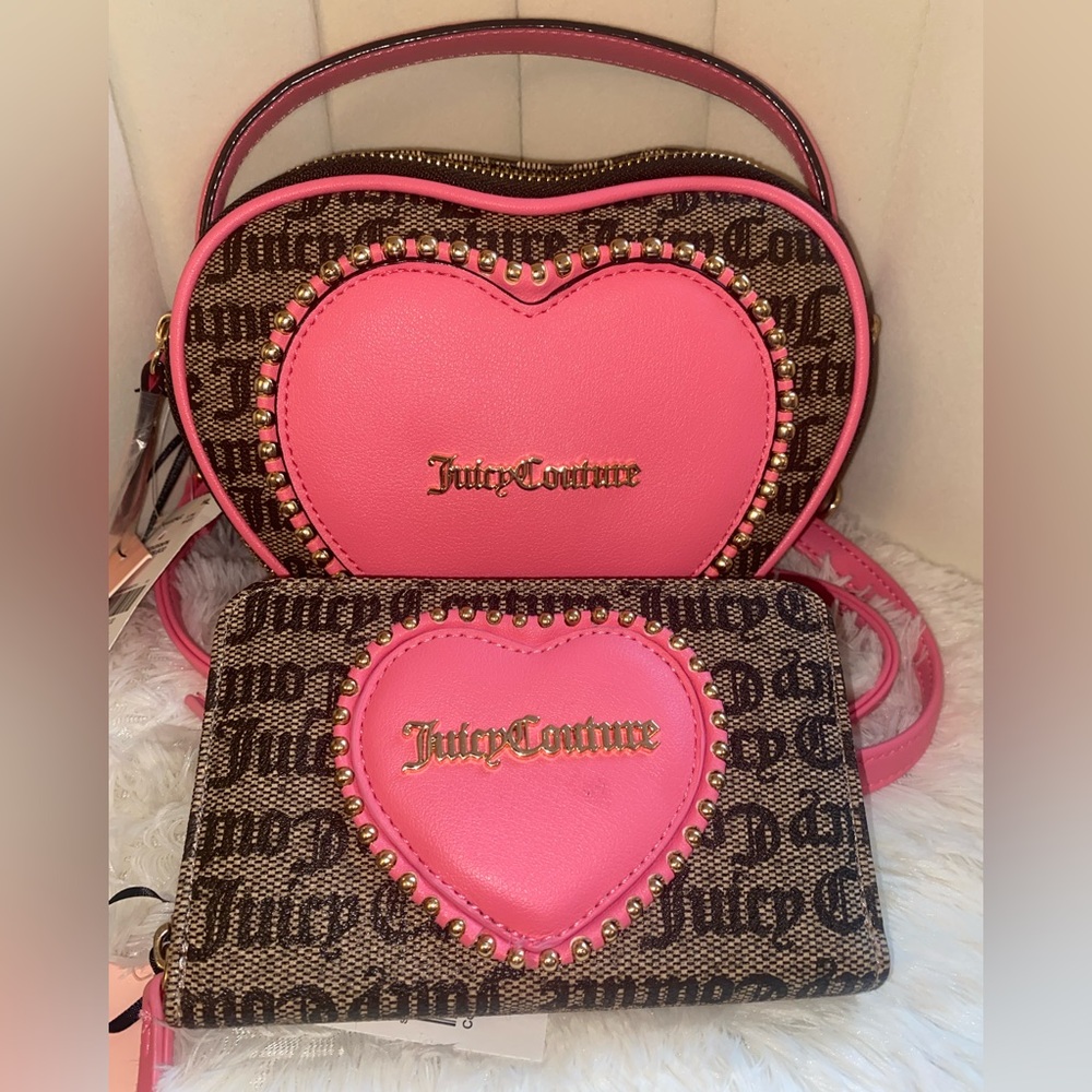 Juicy couture pink heart mini tote crossbody purse and wallet set